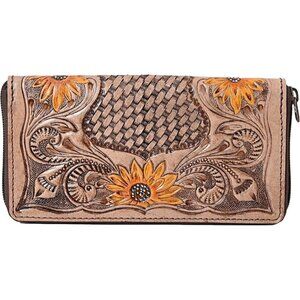 ⭐Women's Bifold Flower Carved Slots Basket Tooled Clutch Zip Around Wristlet